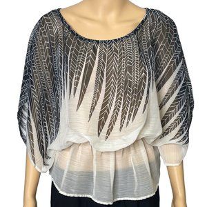 Vintage Pronto Womens M Sheer Black Feathers Elastic Peplum Waist Blouse Shirt‎
